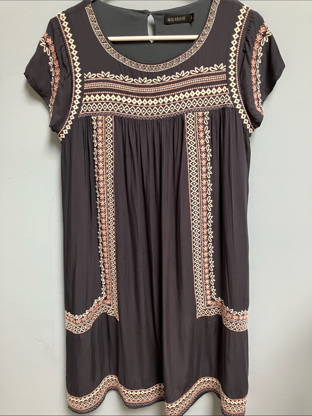 Mikarose Black Tunic Dress with Pink & Cream Embroidery